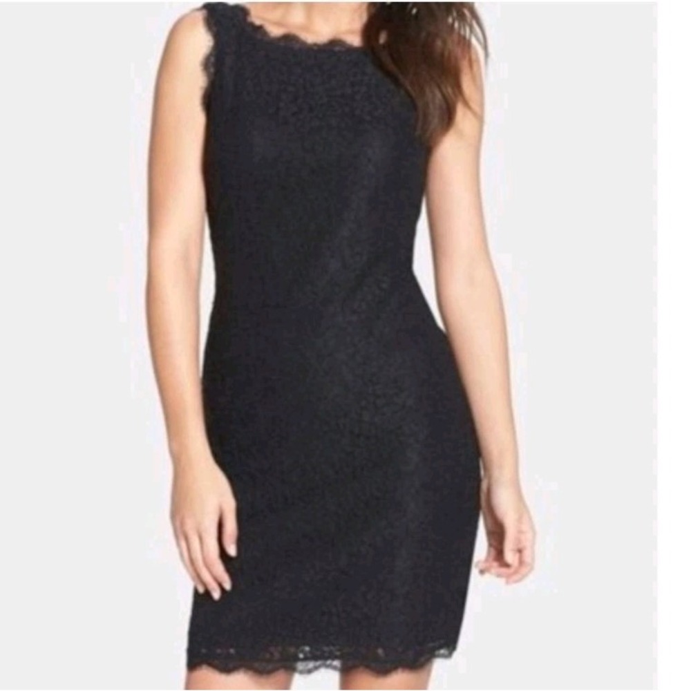 Adrianna Papell Navy Blue Lace Sheath Dress Sleeveless Scalloped Cocktail 4